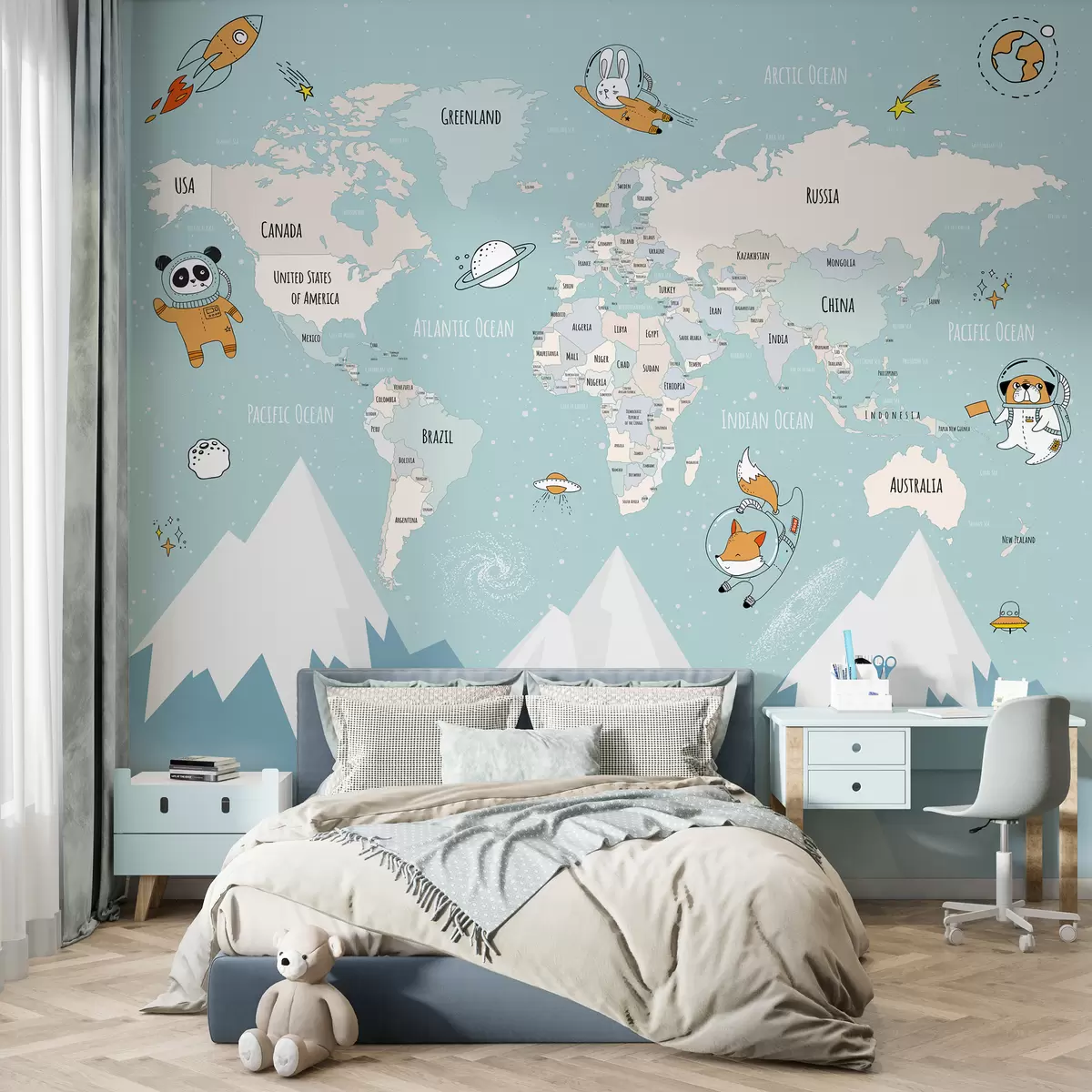 murales de pared Mapa de países del mundo con animales astronautas w00066d1