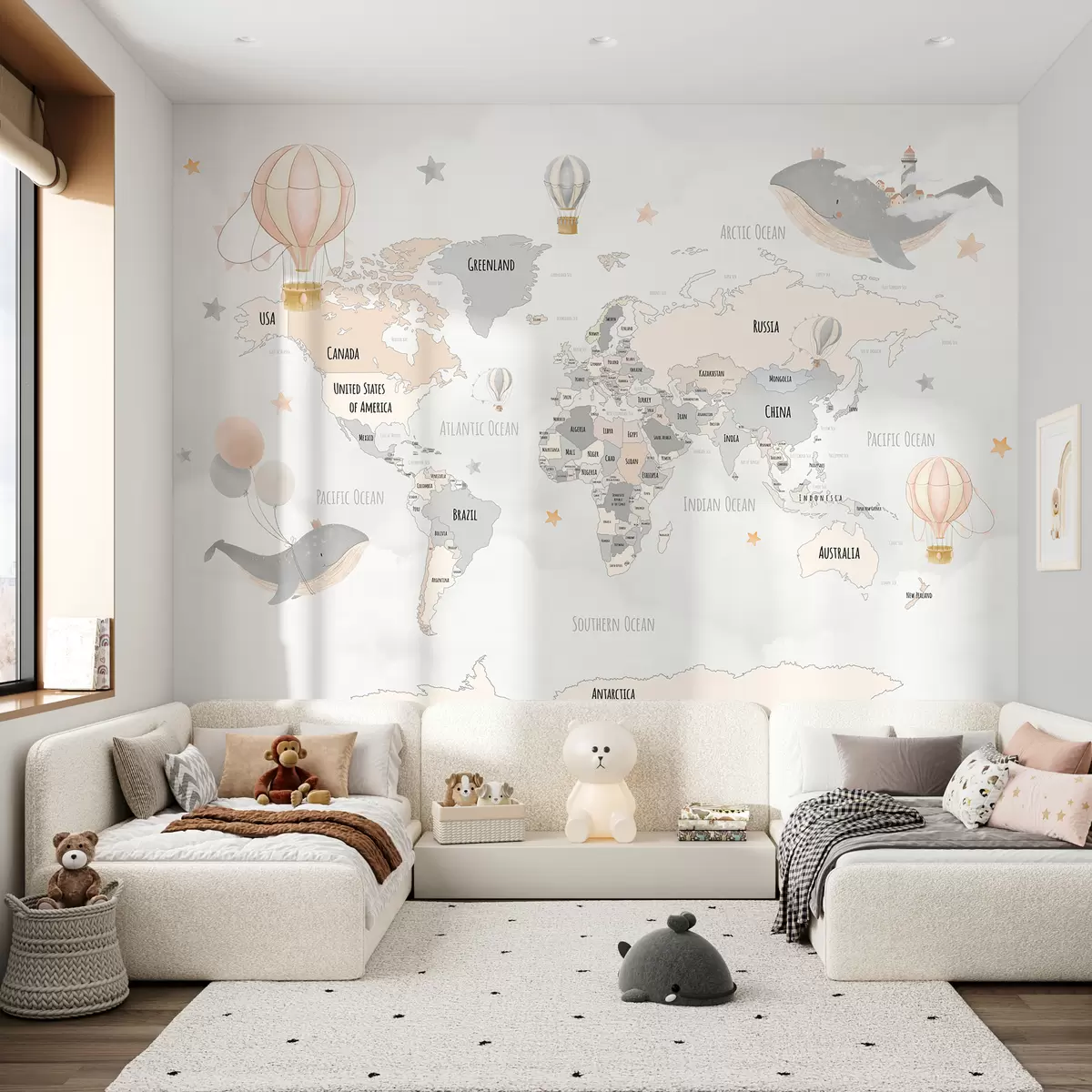 murales de pared Mapa de países del mundo con ballenas y globos en colores pastel gris-rosados w00680v1
