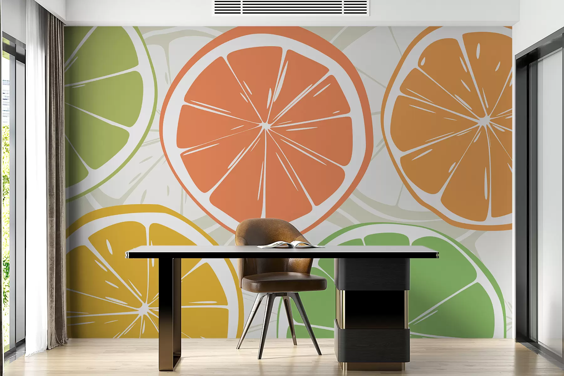 murales de pared Cítricos, naranja, lima, rodajas de pomelo, mancha, abstracción, fruta, rojo, naranja, verde w00725