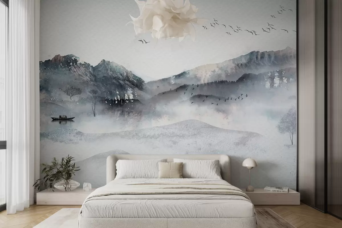 murales de pared Paisaje con montañas al fondo, con algunos árboles visibles en primer plano sereno  w00707