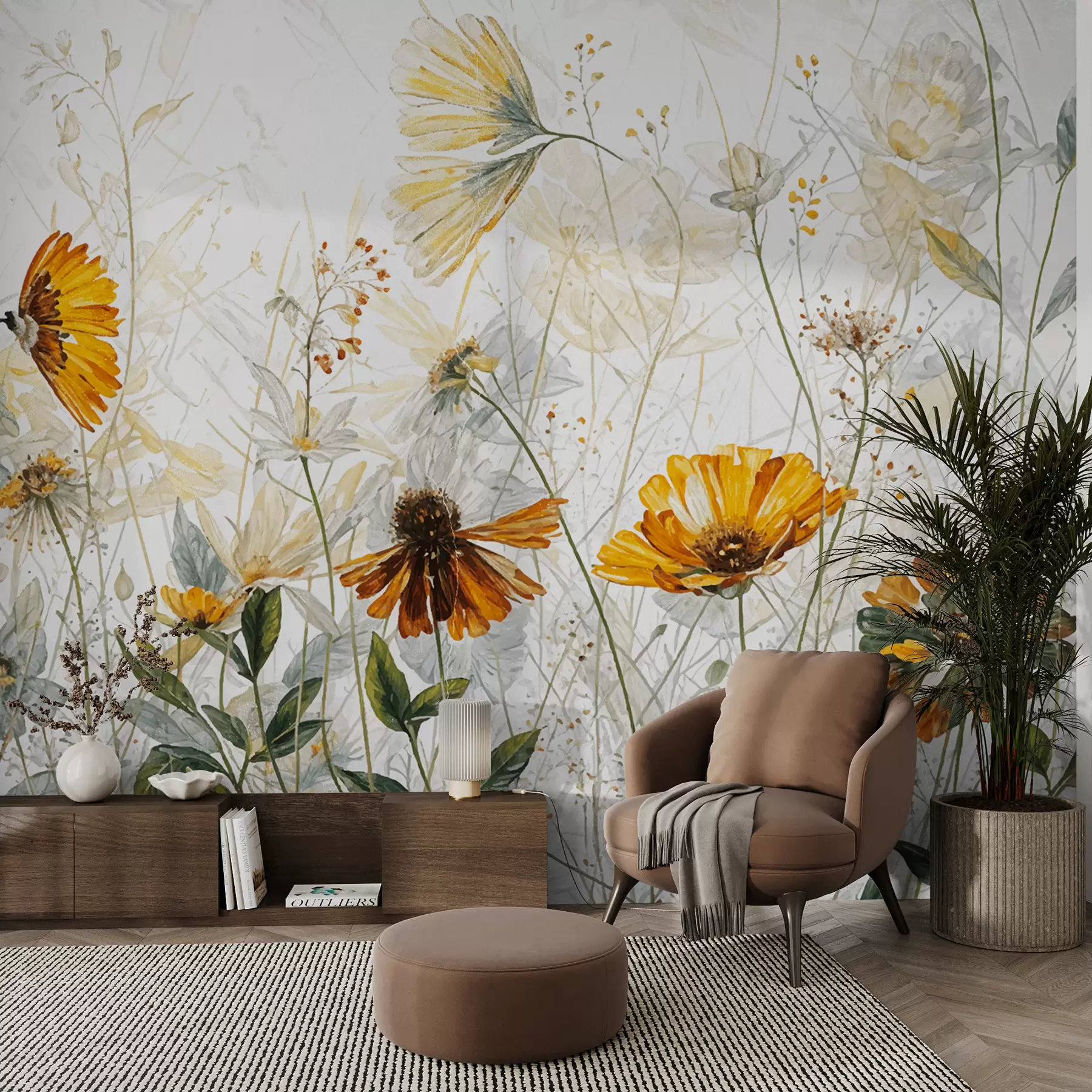murales de pared Un campo de flores vibrantes sobre un fondo suave y brumoso con delicadas flores blancas y hierba tenue w00708