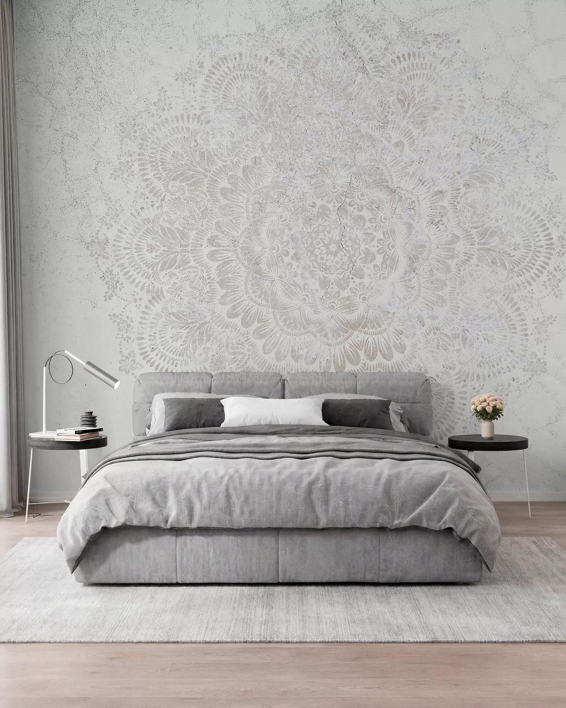 murales de pared Mandala, patrón de encaje blanco con motivos florales y circulares, creando un diseño delicado e intrincado w00737