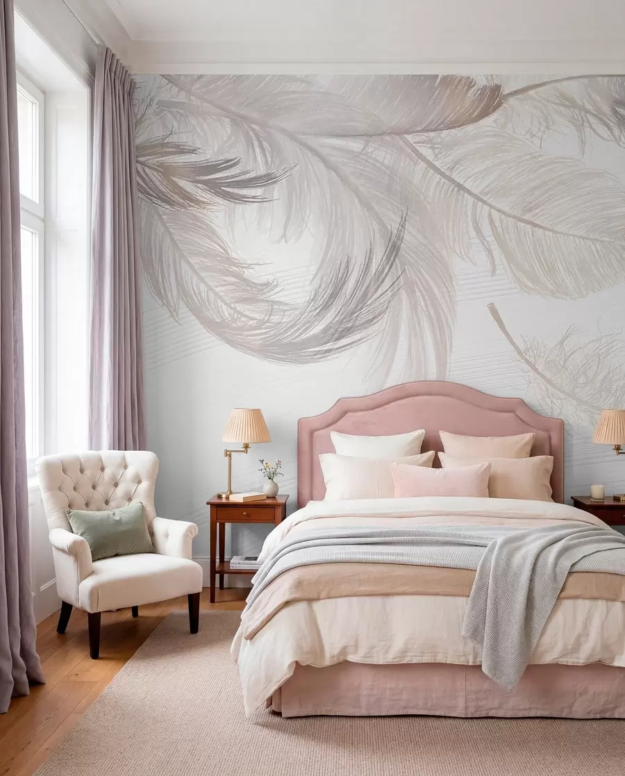 murales de pared Plumas blancas suaves y delicadas flotando sobre un fondo claro w00739