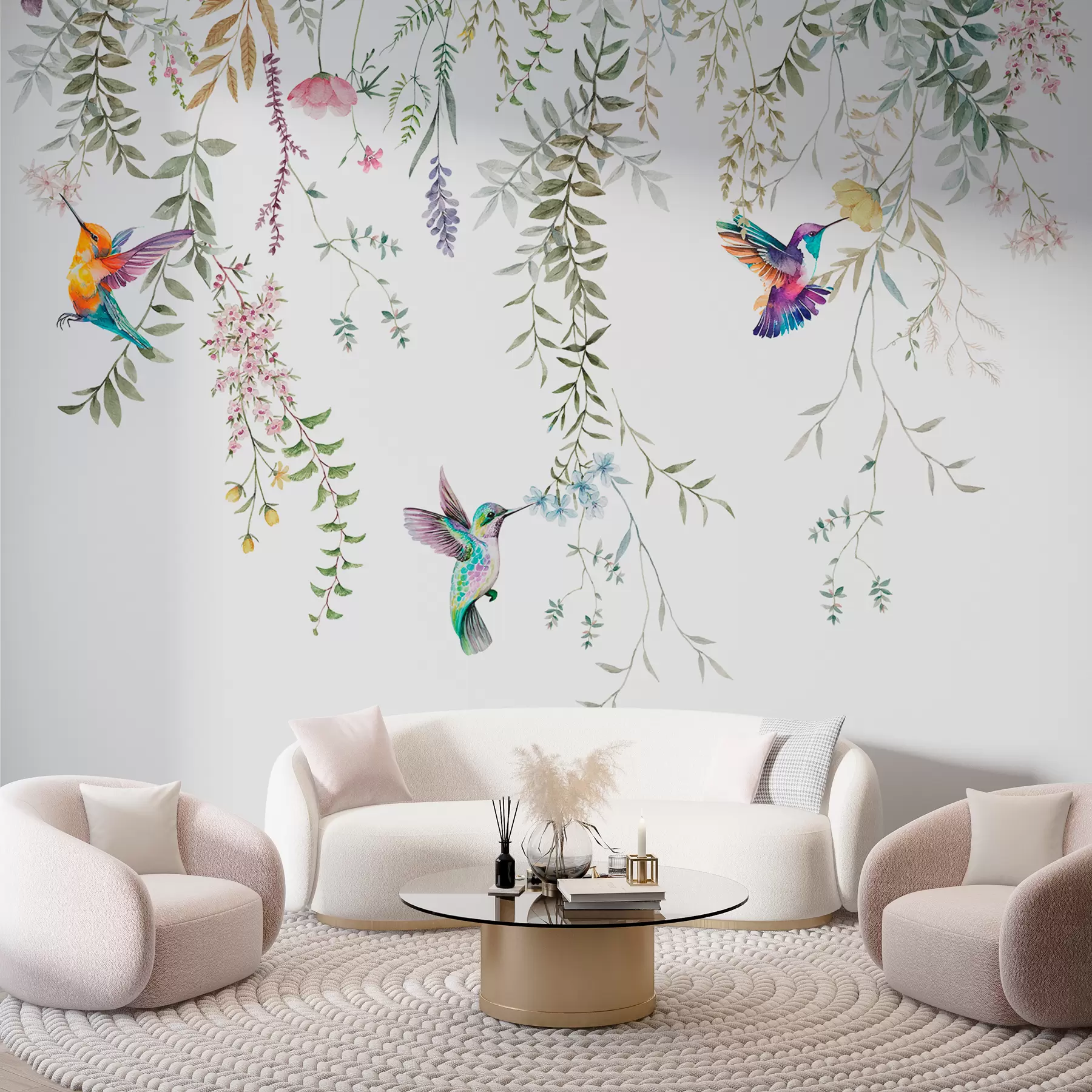 murales de pared Flores y hojas colgantes y hermosos colibríes w00660