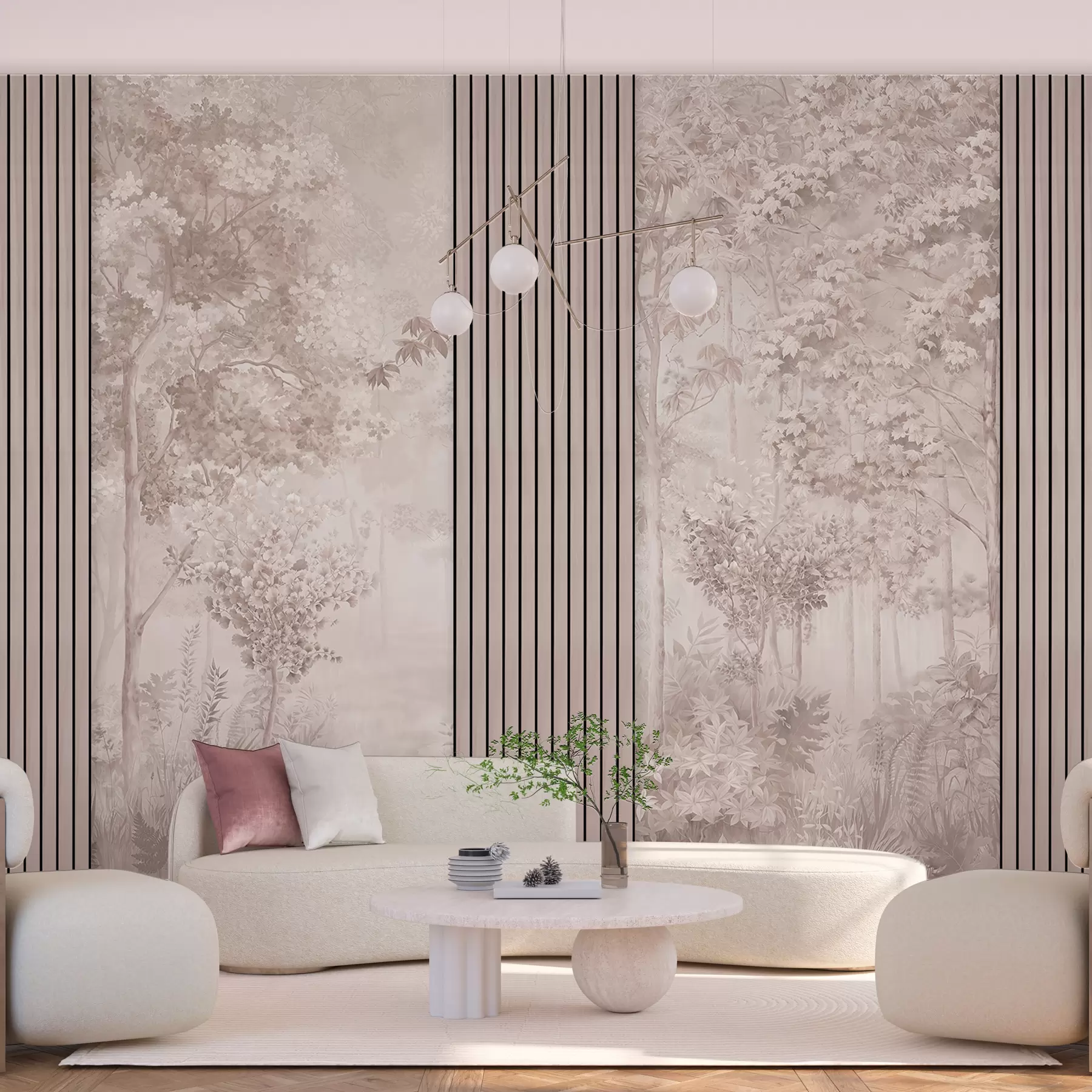 murales de pared Paneles de madera y delicado bosque en tonos rosas w00670v1