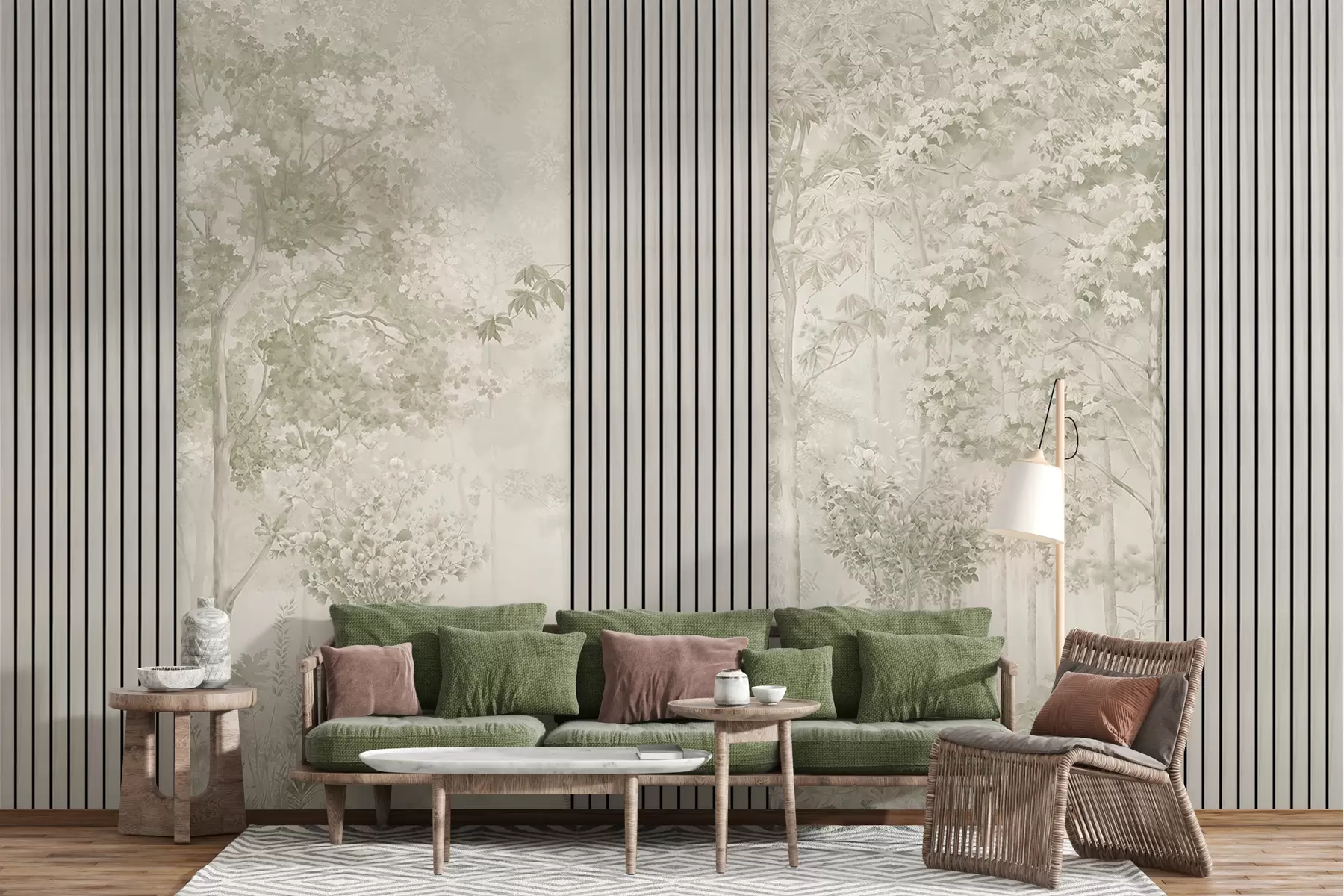 murales de pared Paneles de madera y delicado bosque en tonos verdes. w00670v2