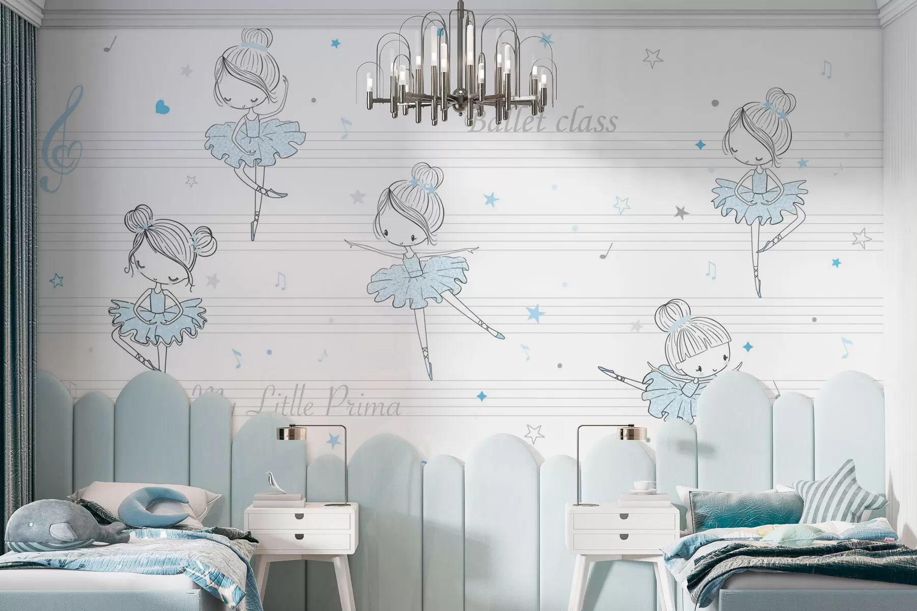 murales de pared Bailarinas vestidas de azul al estilo escandinavo para la habitación de los niños w00755v1