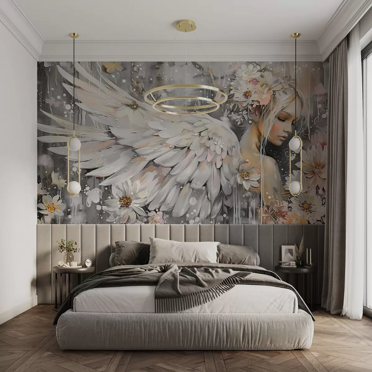 murales de pared Niña ángel sobre un fondo gris pintado al óleo w00761
