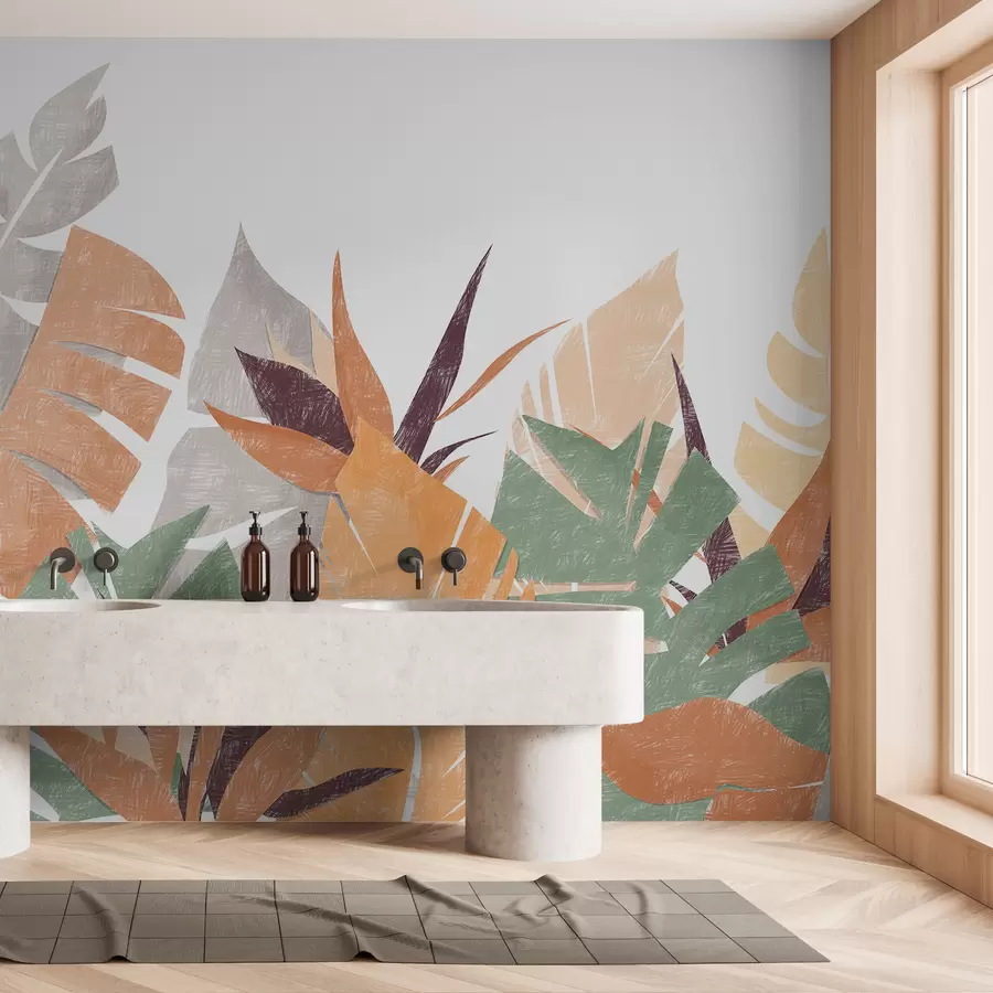 murales de pared Hojas de palma, trópicos, lápiz de imitación de silueta de planta, flor, verde, naranja, gris, rojo púrpura, color w00790