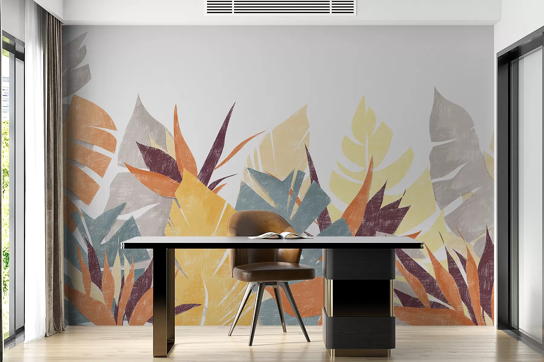 murales de pared Hojas de palma, trópicos, silueta de planta imitación lápiz, flor, azul, amarillo, naranja, gris, morado, color w00790v1