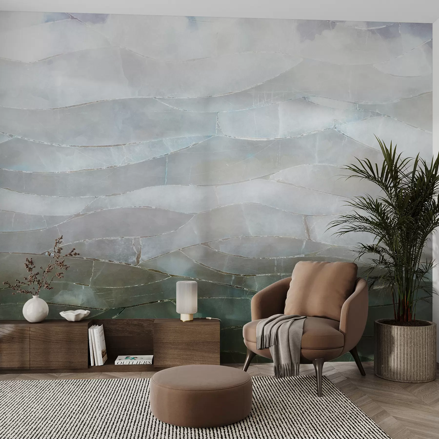 murales de pared Paisaje texturizado de gradiente abstracto, montañoso y brumoso con campos verdes ondulados a través de la niebla w00795