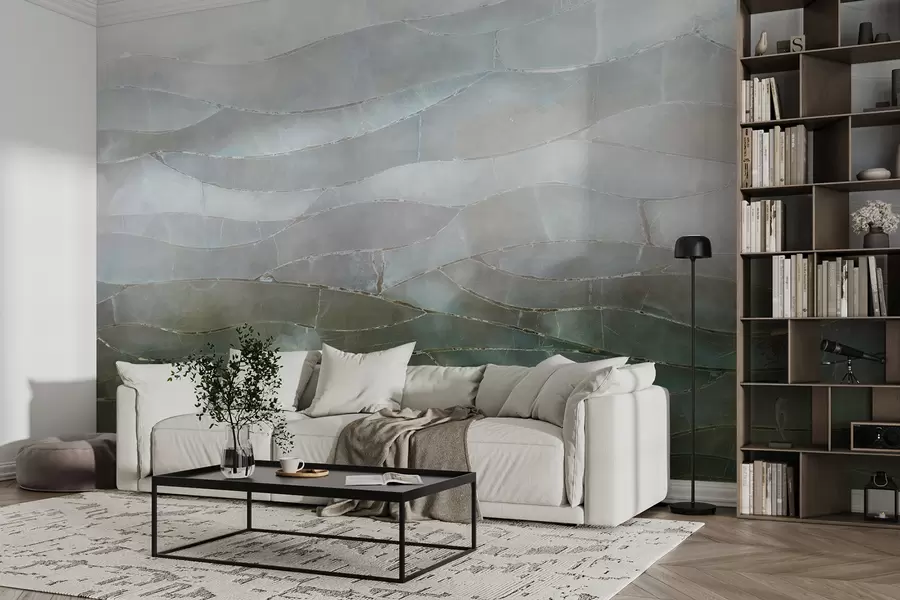 murales de pared Paisaje texturizado de gradiente abstracto, montañoso y brumoso con campos verdes ondulados a través de la niebla w00795