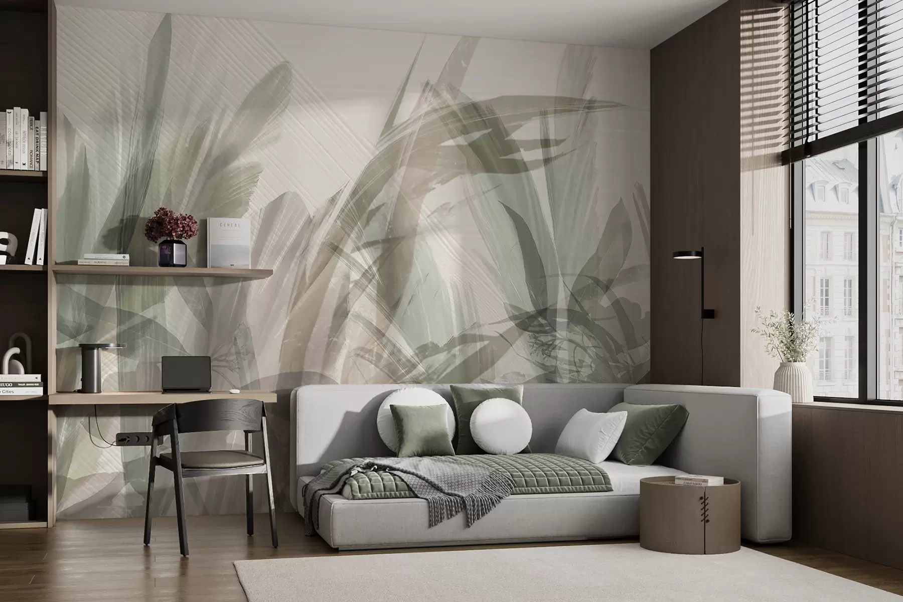 murales de pared Multicomposición abstracta de formas de hojas tropicales parecidas a hierba borrosa en tonos de verde claro y gris w00798