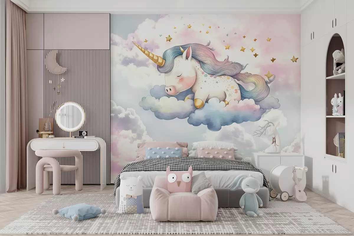 murales de pared Un unicornio blanco con melena y cola de arco iris descansando sobre una nube en un cielo de color pastel con estrellas w00799