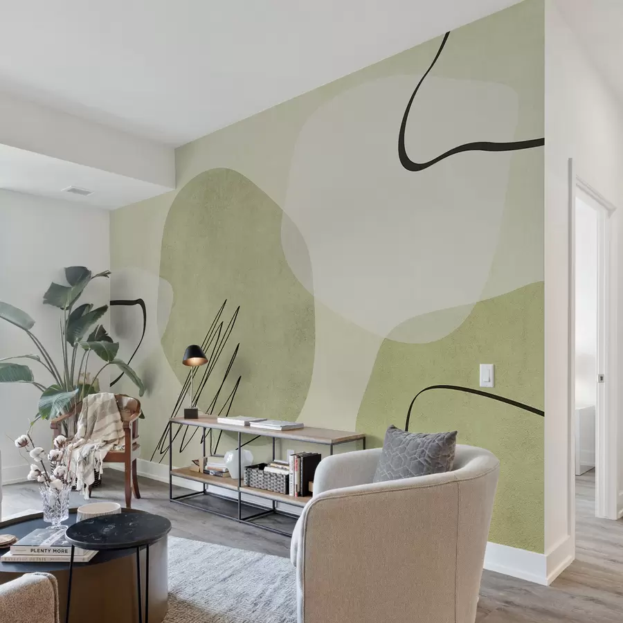 murales de pared Abstracción boho, mancha, geométrica, líneas, textura, tonos de verde. w00815v1