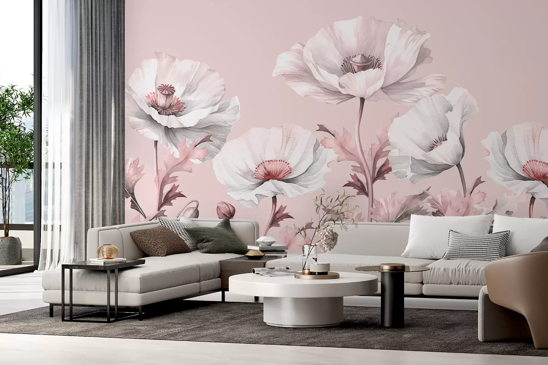 murales de pared Amapolas blancas estilo vintage, acuarela, color rosa w00839v1