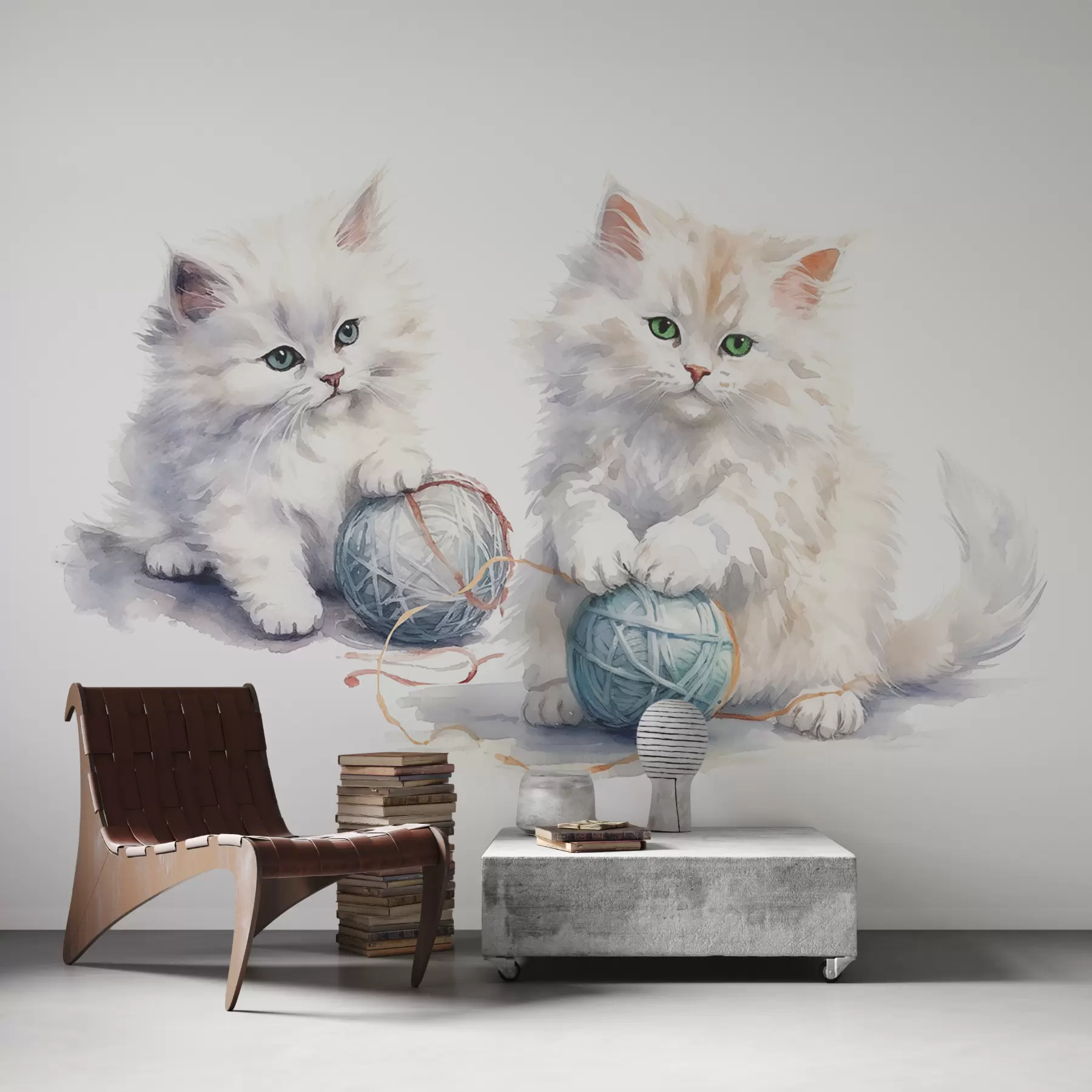 murales de pared Gatos blancos y esponjosos con una bola de hilo azul, acuarela w00843