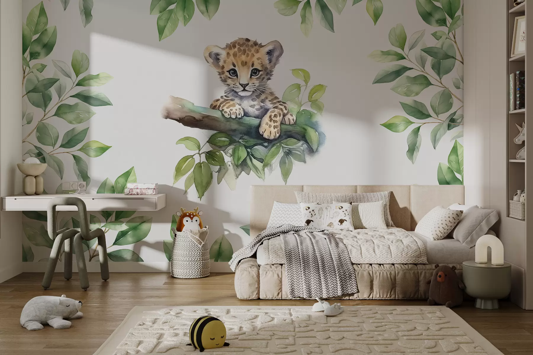 murales de pared El pequeño leopardo se sienta en una rama entre hojas de acuarela w00889