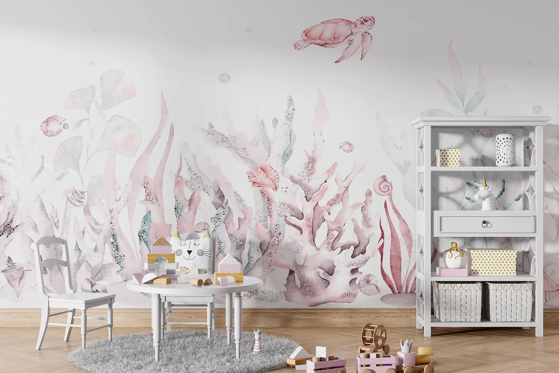 murales de pared Corales marinos acuarela, conchas marinas, tortugas, vida marina, colores rosas suaves w00849v2