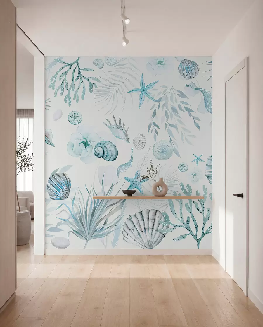 murales de pared Patrón marino acuarela, estilo boho, conchas marinas, corales, algodón, colores azules w00851v1
