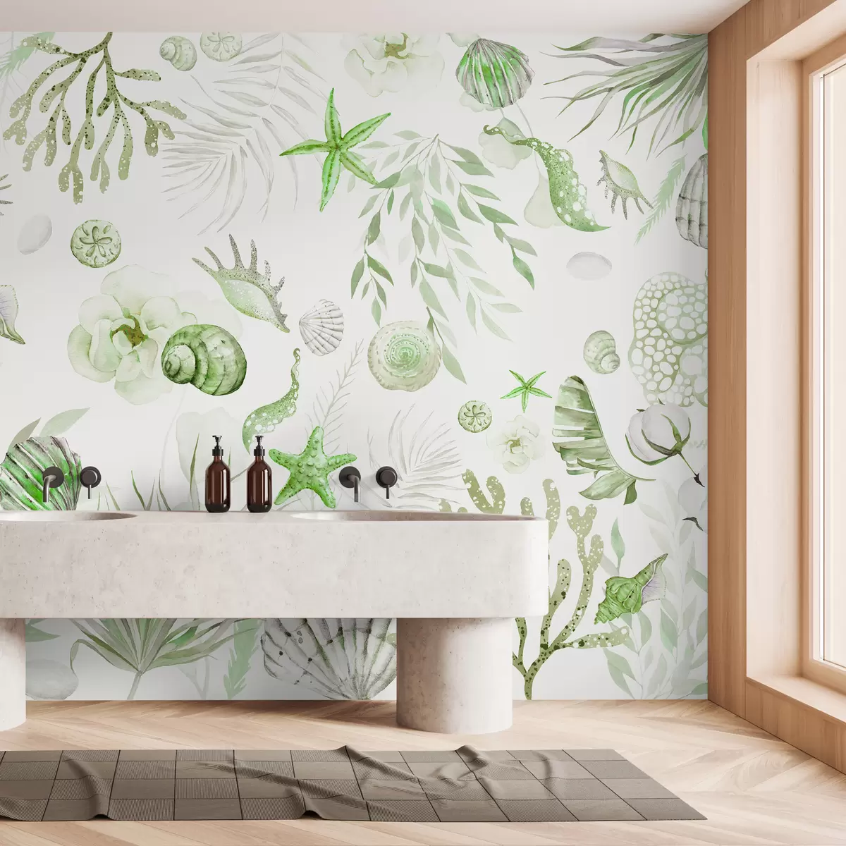 murales de pared Patrón marino acuarela, estilo boho, conchas marinas, corales, algodón, colores verdes w00851v2