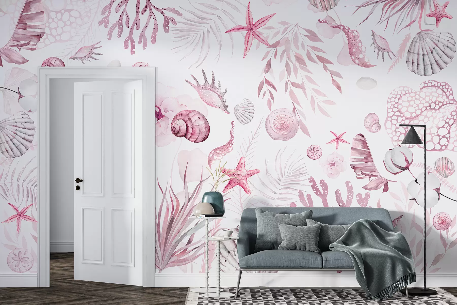 murales de pared Patrón marino acuarela, estilo boho, conchas marinas, corales, algodón, colores rosados w00851v3
