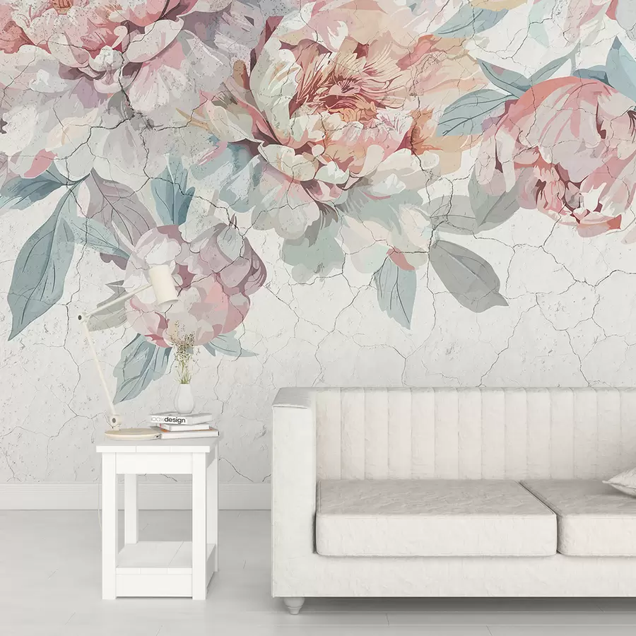murales de pared Un ramo de flores de peonía grandes, suaves, de color rosa pastel y blanco, con hojas verdes sobre un fondo claro w00896