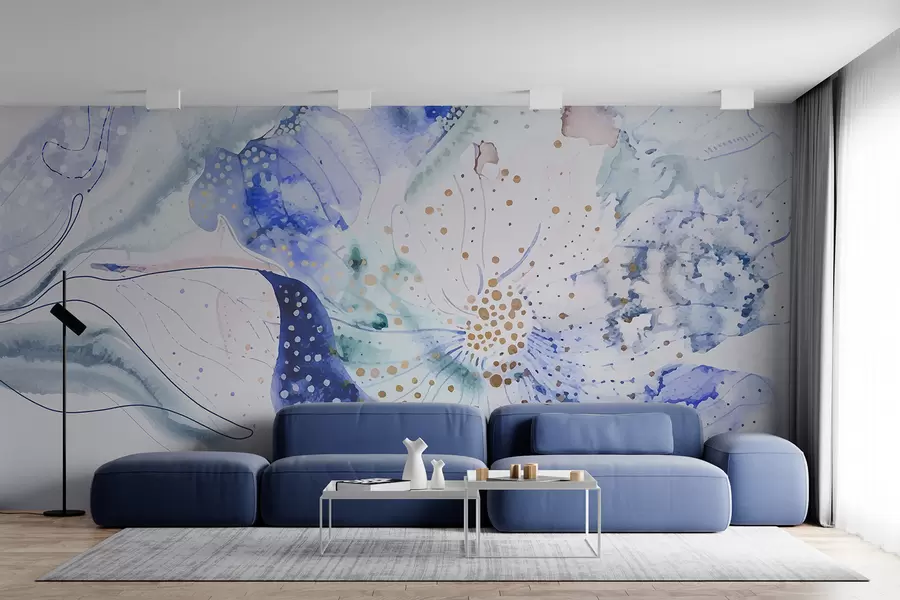 murales de pared Flor de pintura de acuarela de textura abstracta en tonos de azul, morado y blanco w00897