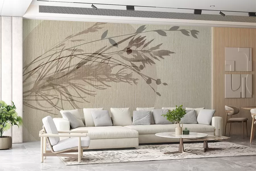 murales de pared Una ilustración minimalista de una forma circular con elementos abstractos parecidos a plantas en tonos tierra apagados w00902