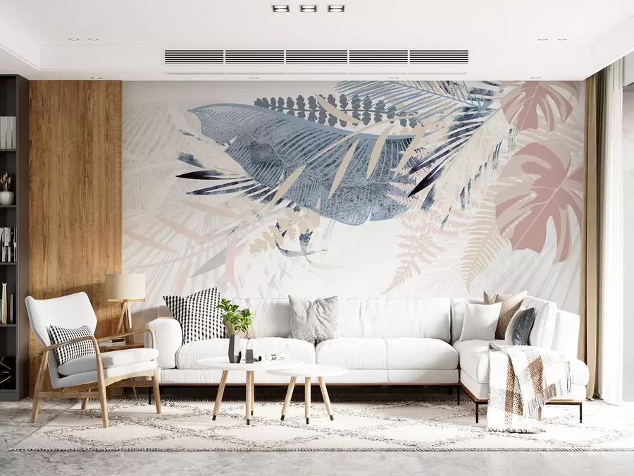 murales de pared Diseño botánico moderno con textura tropical de hojas de palma con varios tonos de azul, gris y rosa w00908