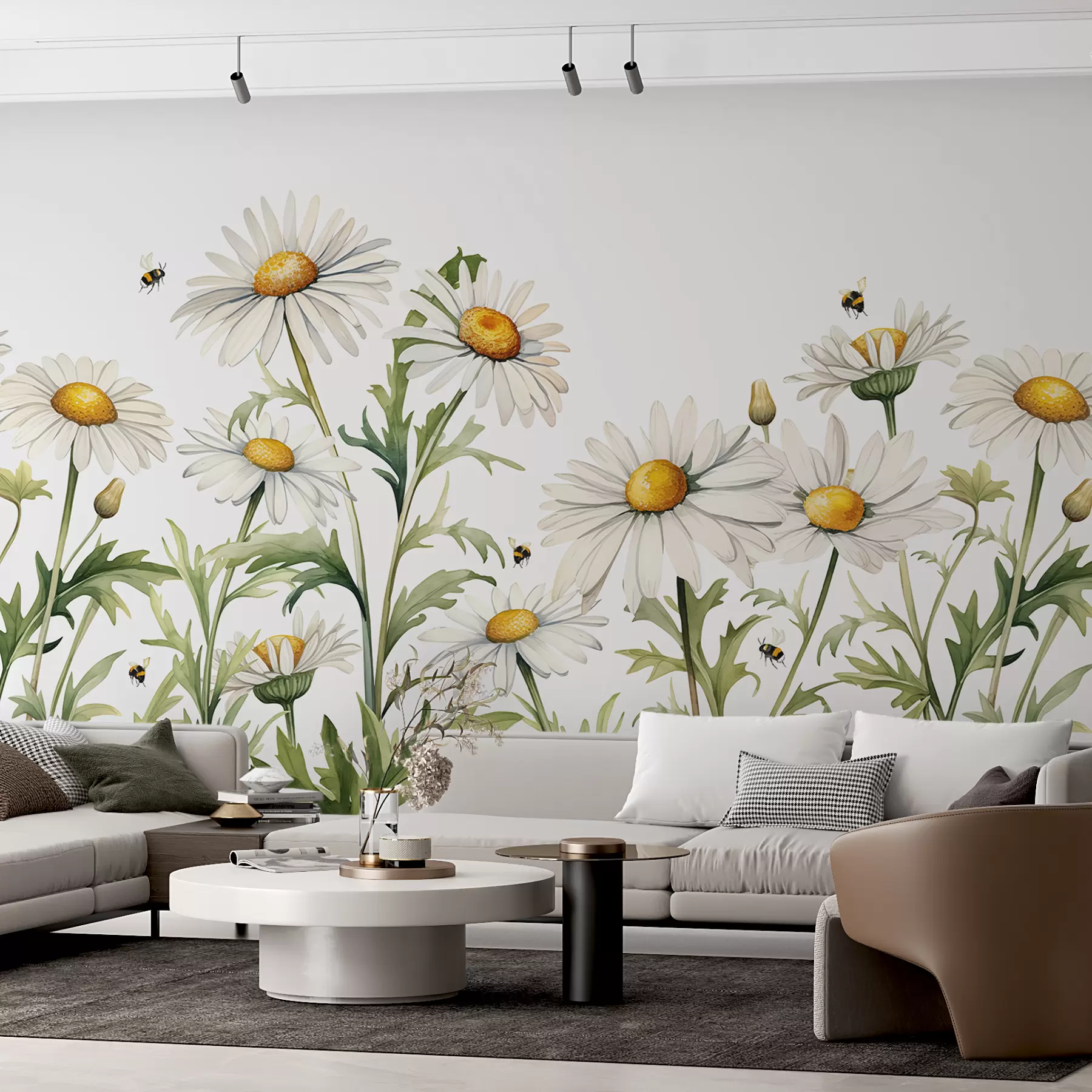 murales de pared Margaritas blancas floreciendo, abejas volando ilustración de plantas acuáticas, color verde, blanco y amarillo w01176