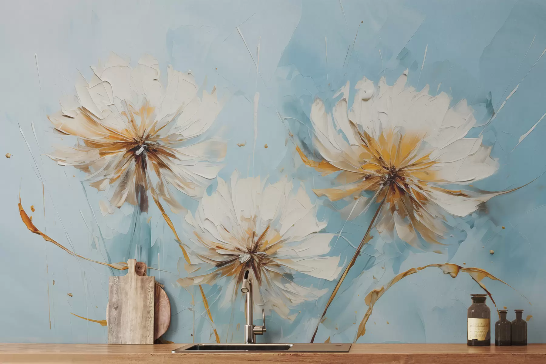 murales de pared Dientes de león blancos sobre fondo azul imitación pintura al óleo w01260