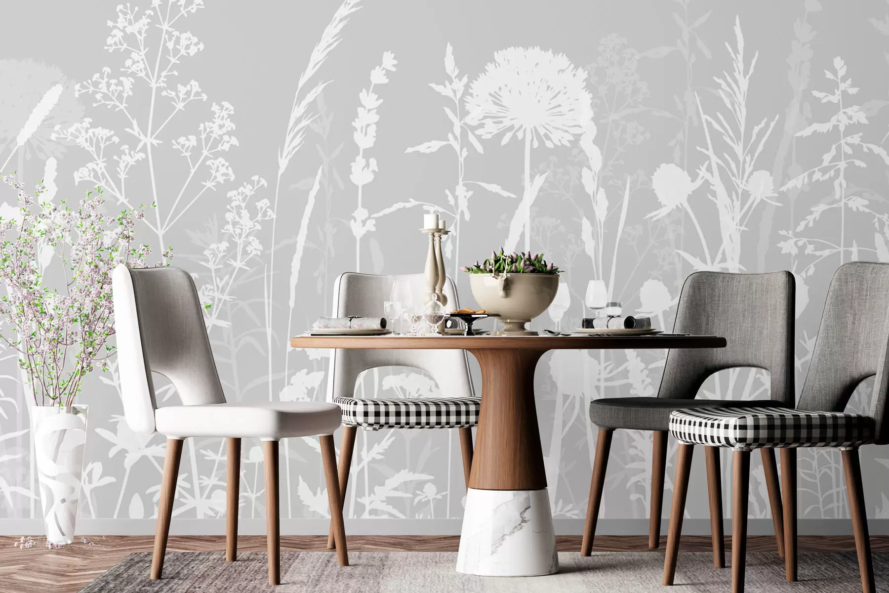 murales de pared Suaves plantas de campo y flores minimalistas de color gris w01270v1