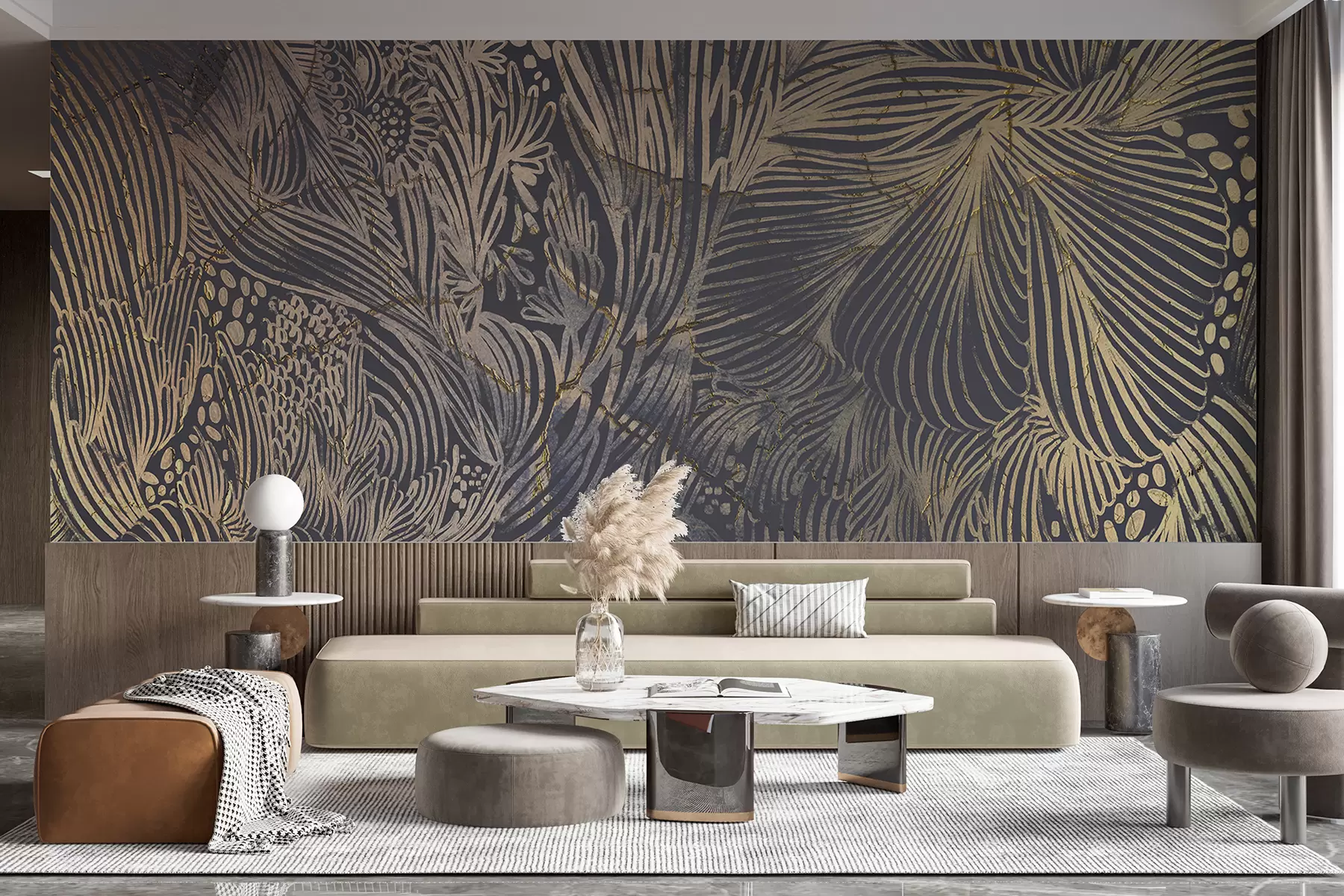 murales de pared Lujoso estampado de textura abstracta con formas y líneas orgánicas superpuestas w01243