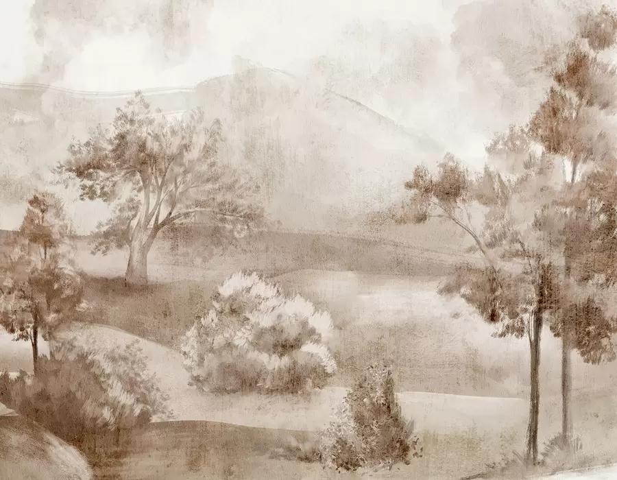 murales de pared Pintura de paisaje de una escena rural brumosa rodeada de frondosos árboles y follaje en tonos marrones w01247