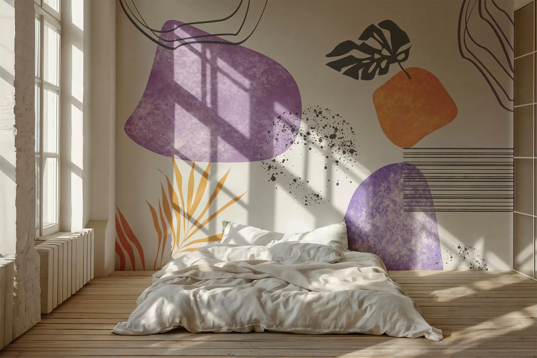murales de pared Abstracción boho, manchas de textura, líneas curvas, hojas tropicales, manchas de tinta, color negro, morado y naranja w01298v2
