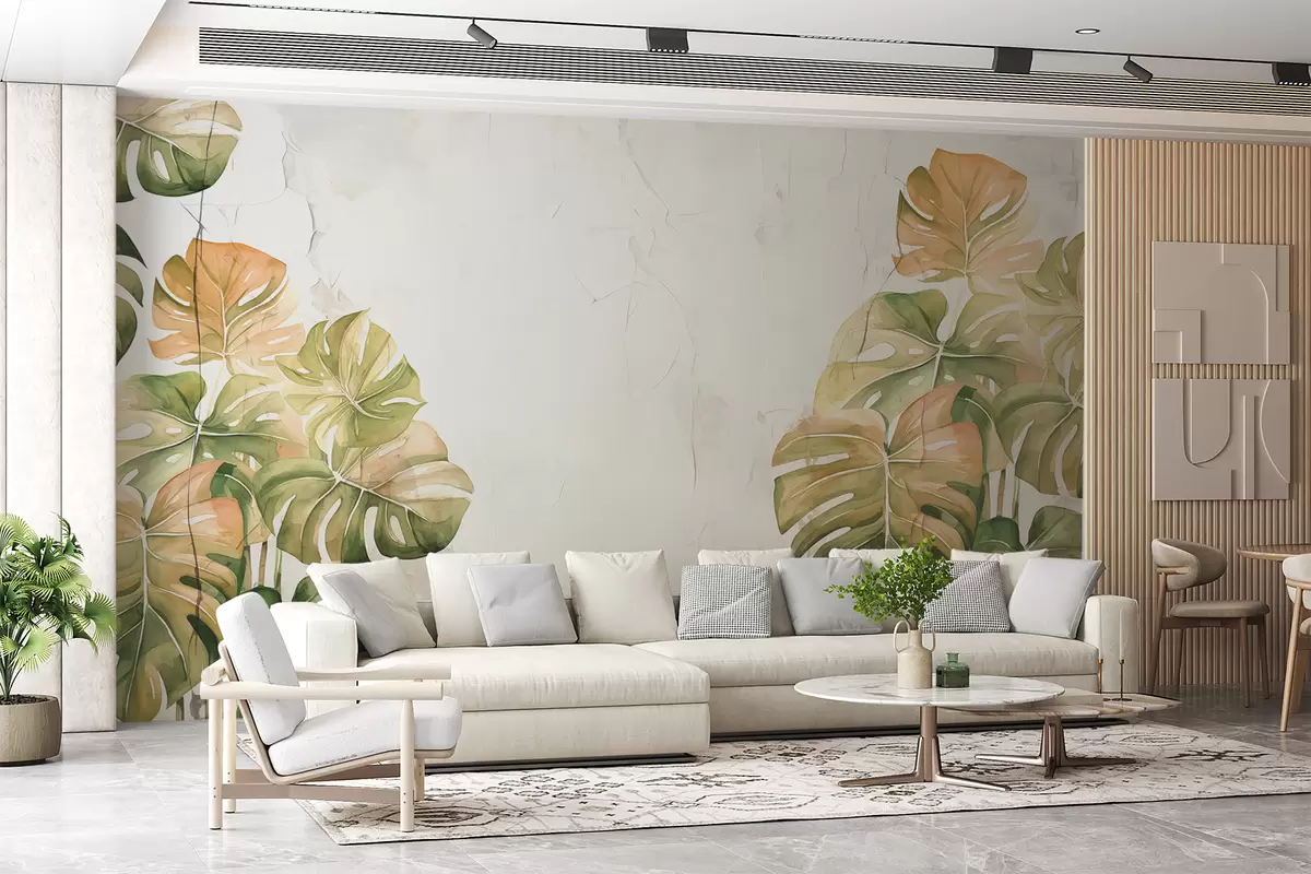 murales de pared Monstera tropical deja acuarela en la pared con la textura de pintura blanca vieja, color verde y naranja w01299