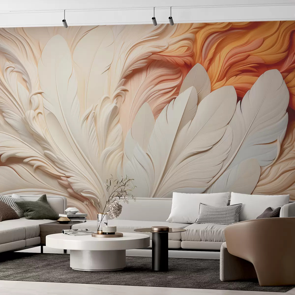 murales de pared Plumas blancas sobre un fondo en relieve volumétrico de color naranja claro w01301