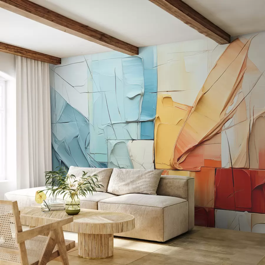 murales de pared Piezas volumétricas de pintura, grietas, azul, naranja, amarillo, rojo w01304