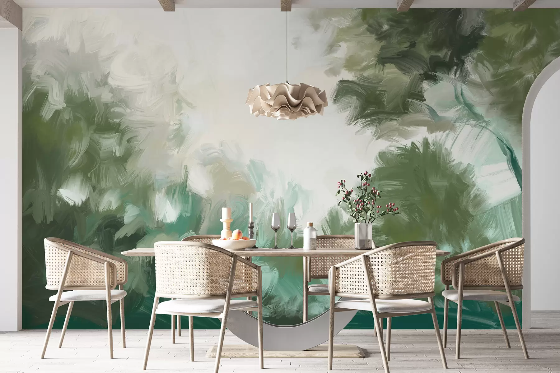murales de pared Bosque, dibujo acrílico, abstracción, naturaleza, pinceladas vívidas, colores oliva w01283v2