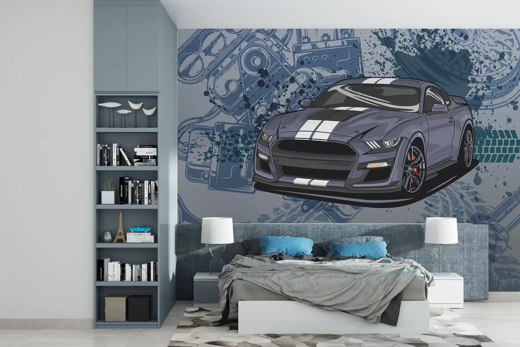 murales de pared Papel pintado infantil para adolescente con coche y letras gráficas en azul w01218