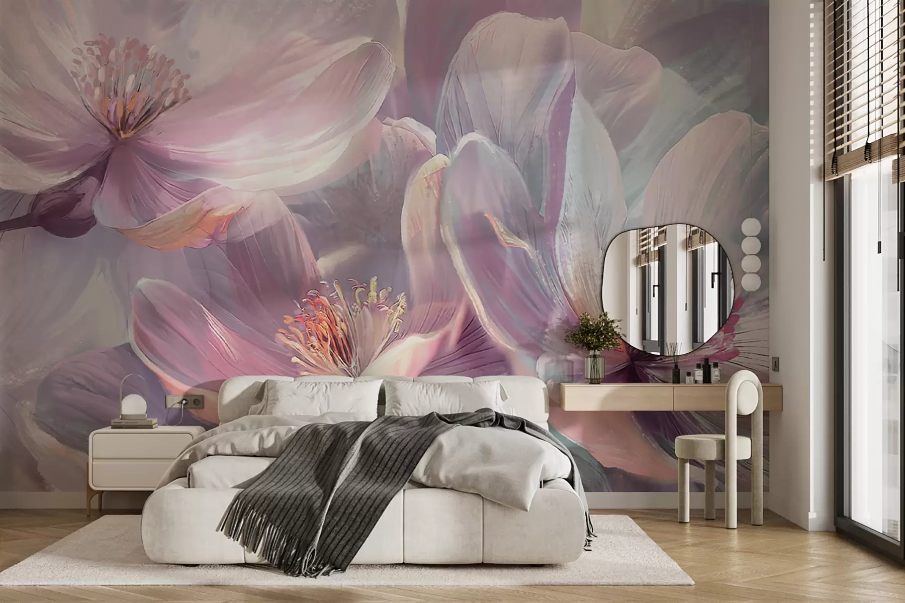 murales de pared Delicadas flores transparentes de neón pastel, rosa claro y blanco, con fondo suave y borroso w01307