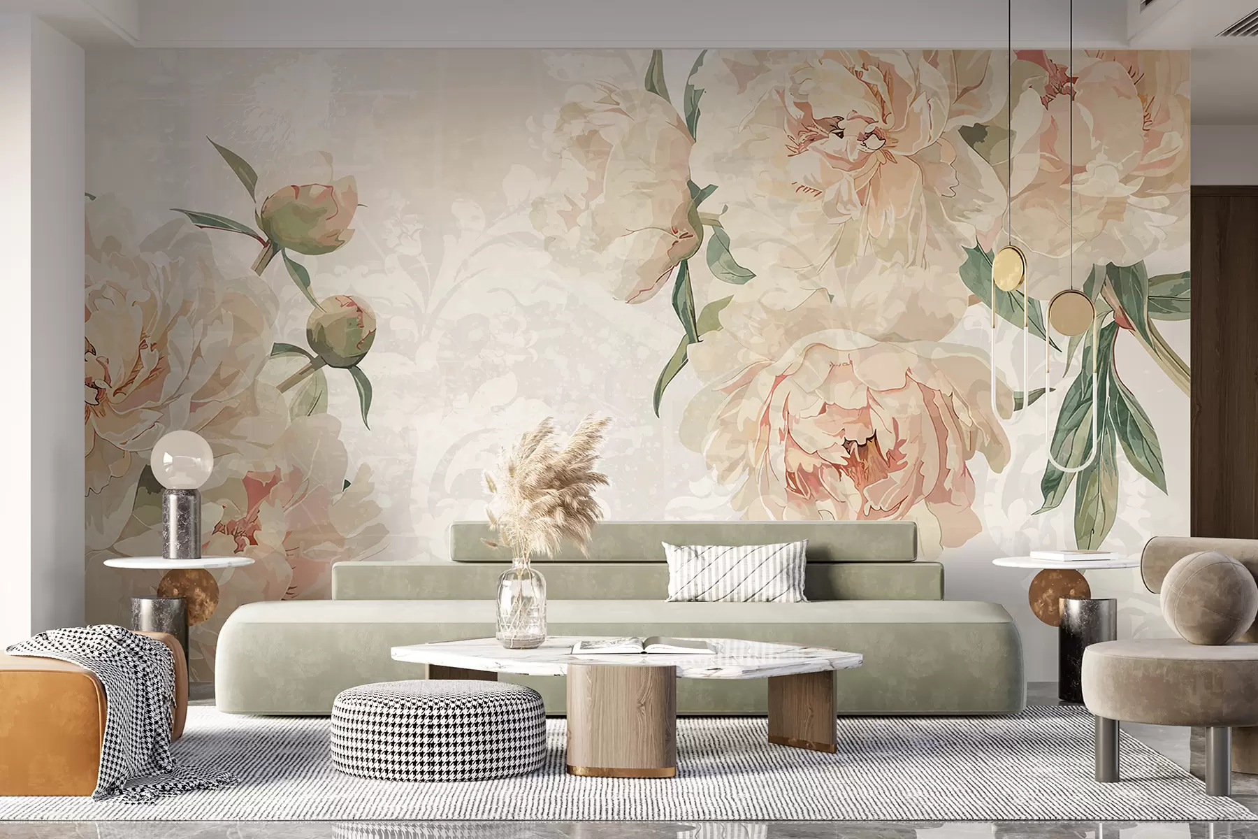 murales de pared Peonías grandes y delicadas de color melocotón con hojas verdes sobre un fondo de textura suave y ligera w01308