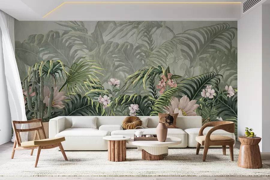 murales de pared Una exuberante selva tropical, hojas de palmeras verdes y helechos en primer plano con flores  w01309
