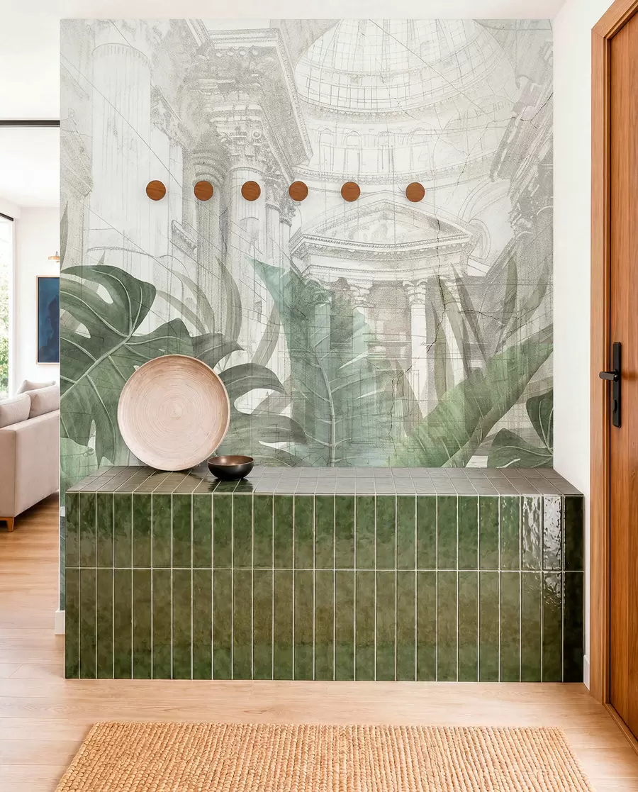 murales de pared Un gran dibujo arquitectónico adornado con columnas de mármol y exuberantes plantas verdes tropicales.  w01311