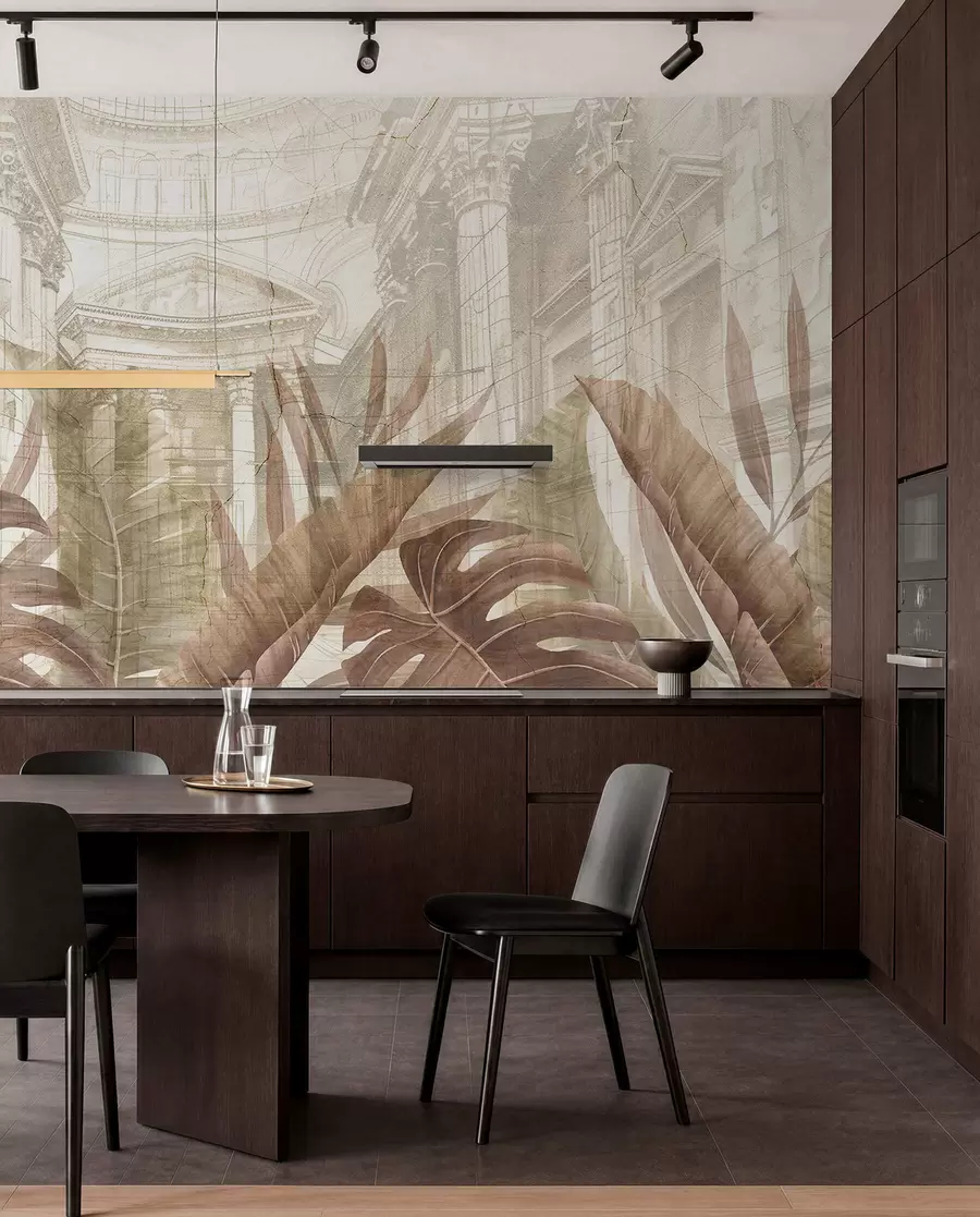 murales de pared Un gran dibujo arquitectónico adornado con columnas de mármol y exuberantes plantas tropicales de color sepia.  w01311v1