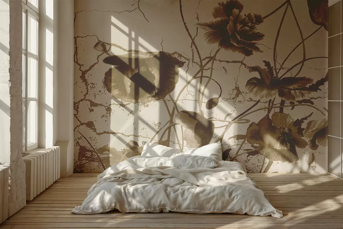 murales de pared Amapolas en estilo sepia. w01288
