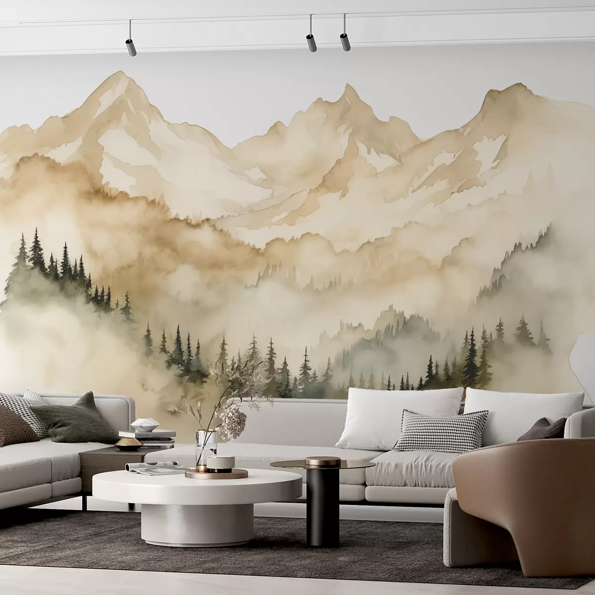 murales de pared Bosque en niebla al pie de montañas rocosas de color beige ilustración acuarela w07884