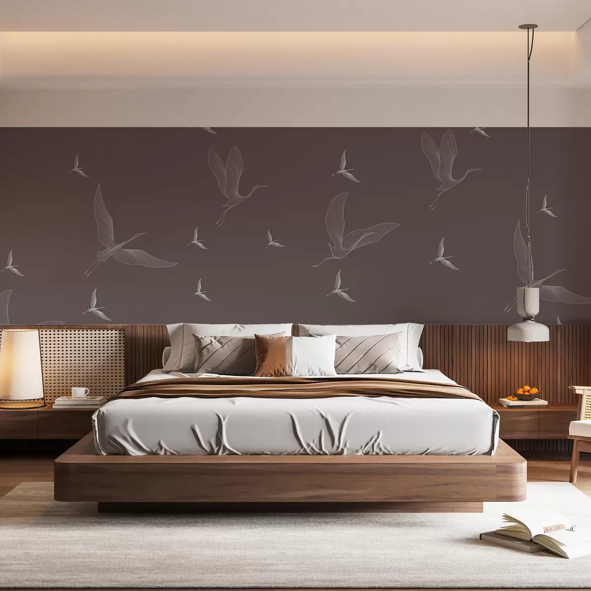 murales de pared Pájaros blancos lineales sobre un fondo marrón. w01263v3