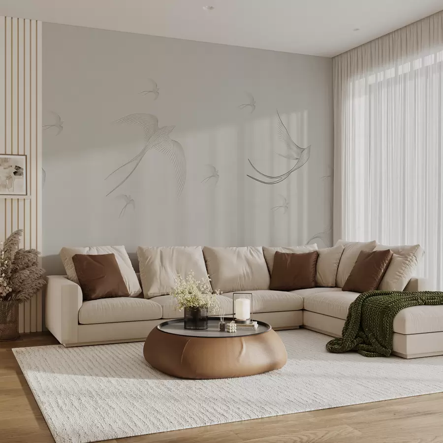 murales de pared Golondrinas lineales sobre fondo beige w01264v1